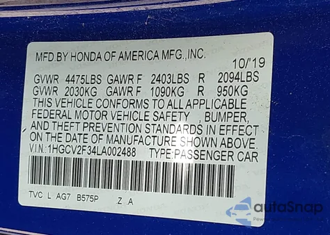 2020 Honda Accord Sport 2.0T from USA, damaged, VIN 1HGCV2F34LA002488